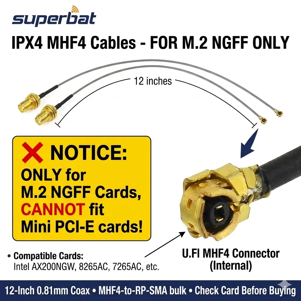 Superbat 2pcs M.2 3dbi 2.4GHz 5GHz 5.8GHz MIMO WiFi 안테나 RP-SMA Male + Ipex4 - 무선 네트워크 카드용 RP-SMA 케이블