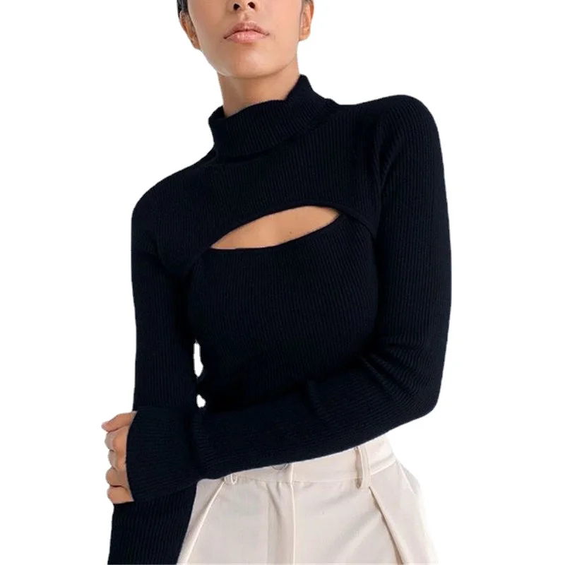 

Spring Autumn Knitted Jumper Tops Turtleneck Pullovers Sexy Open Chest Sweaters Women Shirt Long Sleeve Tight Sweater Girls