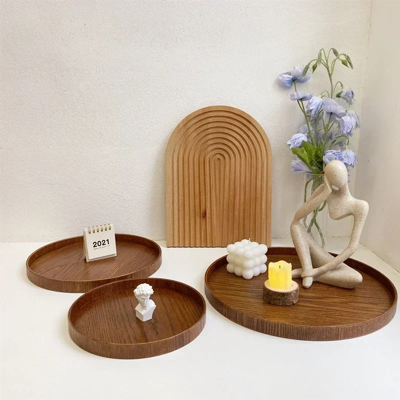 Nordic Decorative Tray Wooden Tray Retro Round Serving Plate Fruit Dessert Storage Trays Coffee Cup Mat Pad Home Decor  나무 트레이 3