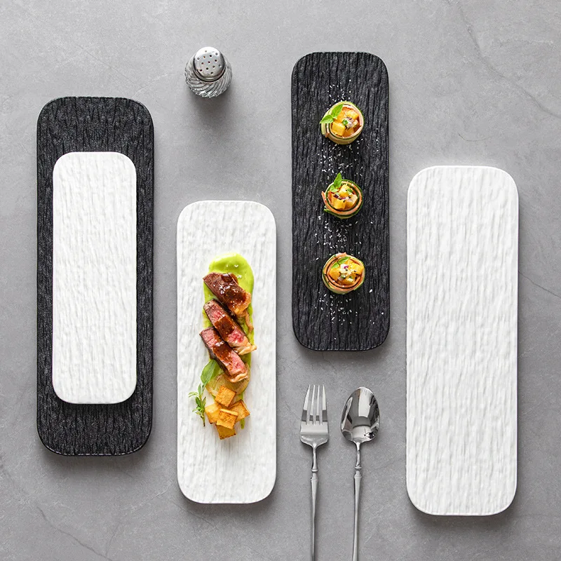 10-inch White and Black Stone Grain Rectangle Flat Tray for Hotel layout Plates Restaurant Ceramic Serving Sushi pastry plate