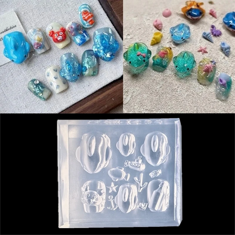 1개 바다 상어 게 3D 실리콘 투명 네일 몰드 여름 불가사리 물고기 DIY 실리콘 매니큐어 네일 아트 장식 몰드