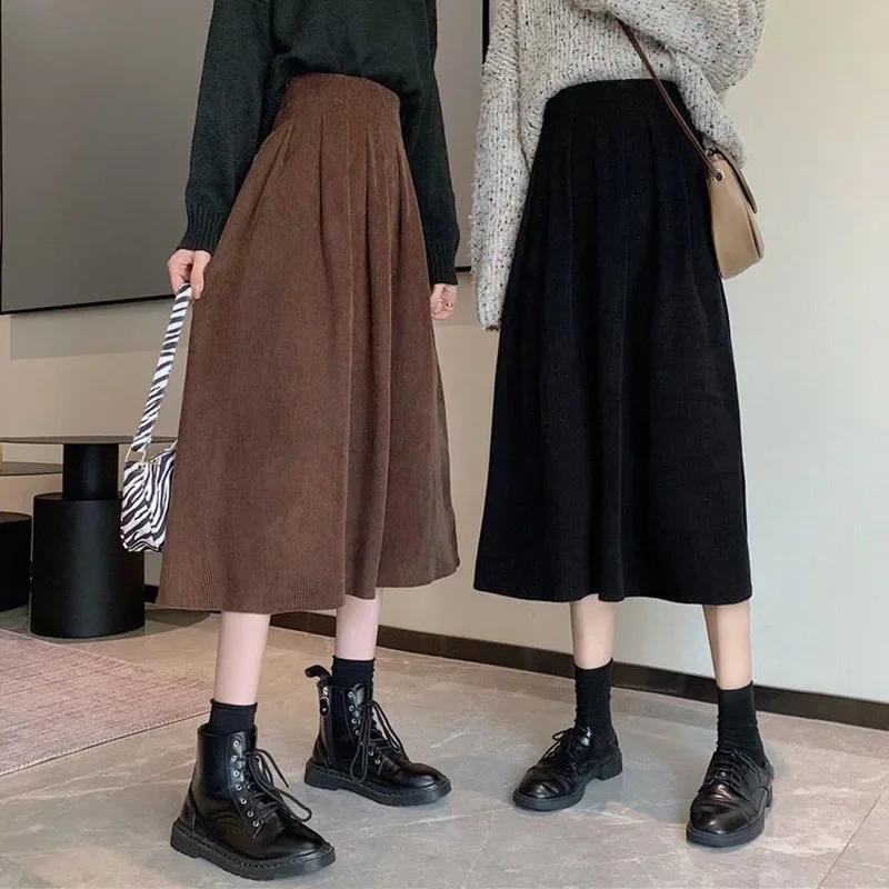 New Women's Corduroy Midi Skirts Vintage Brown Black High Waist Long Skirts Female 2024 Spring Autumn Fashion A-Line Skirt summer women casual all match a line skirts female sexy oversized mini denim skirts red black high waist pencil skirt streetwear