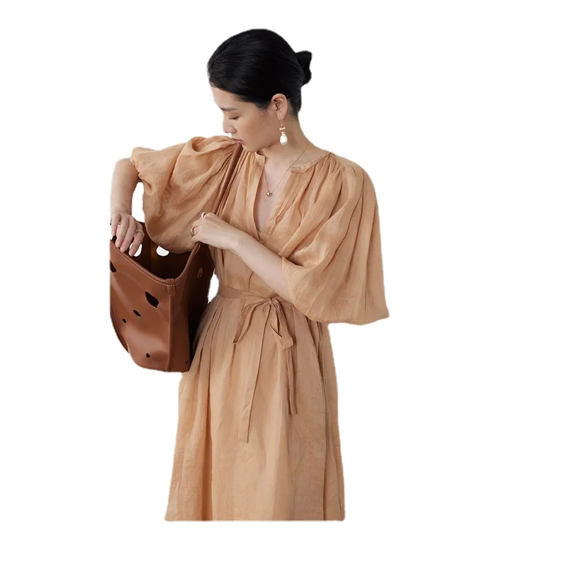 

Women's Simple Linen Dress Loose Ankle-length Solid V-neck Puff Sleeve