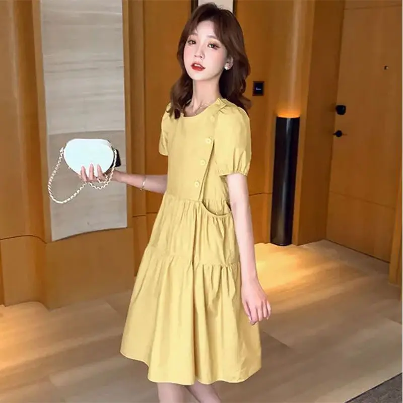 2025 Loose Elegant Korean Casual Tunics Prom Women's Dresses Yellow Linen Vintage Aesthetic Summer 2025 Loose Elegant Korean Casual Tunics Prom Women's Dresses Yellow Linen Vintage Aesthetic Summer