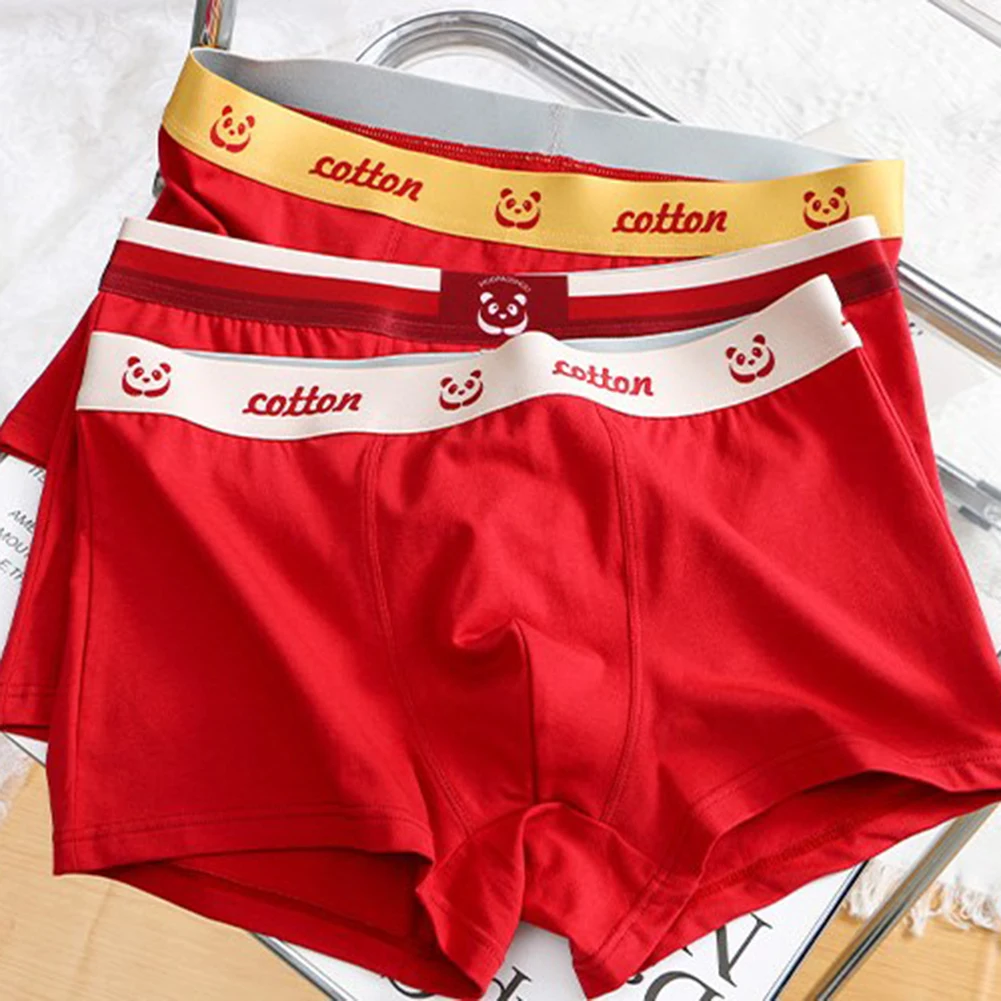 Mens Red Oversized Boxer Briefs Mid-rise Shorts U Convex Pouch Underwears Cotton Sleep Bottoms Male Flat Underpants Shorts