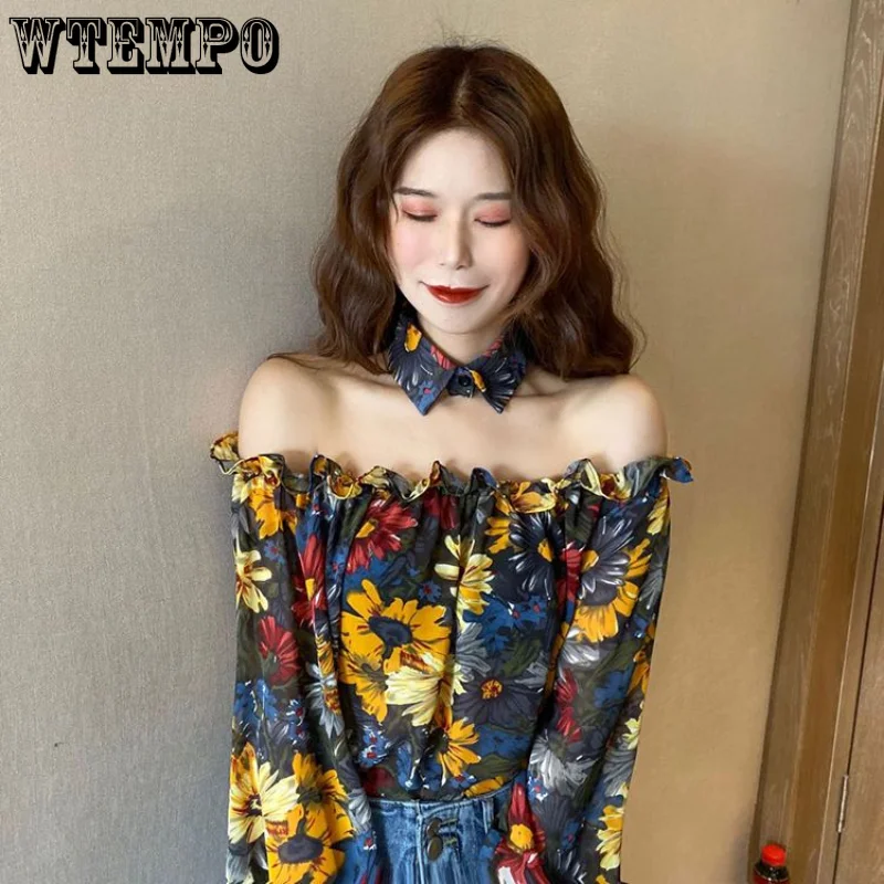 

WTEMPO Sexy Off Shoulder Lace Shirt Bubble Sleeve Fragmented Flower T-shirt Street Fashion Top Vintage Versatile Shirt