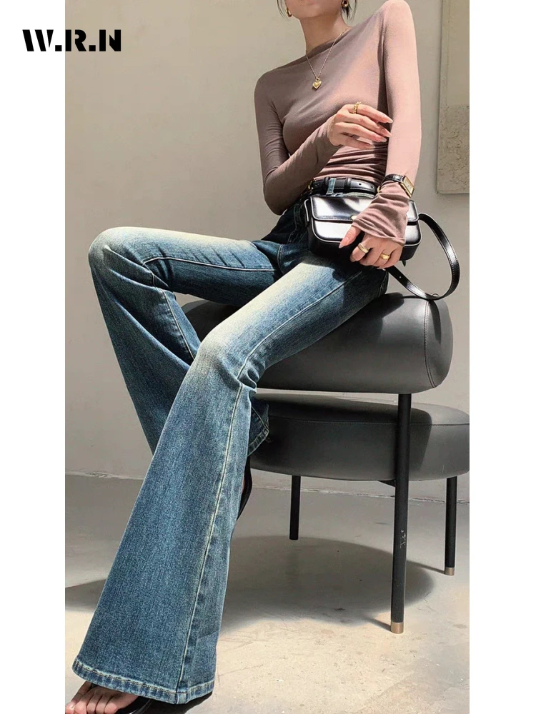 

Women's Retro High Waisted Slim Micro Flared Pants Casual Blue Jeans Vintage American Street Female Straight Denim Trousers