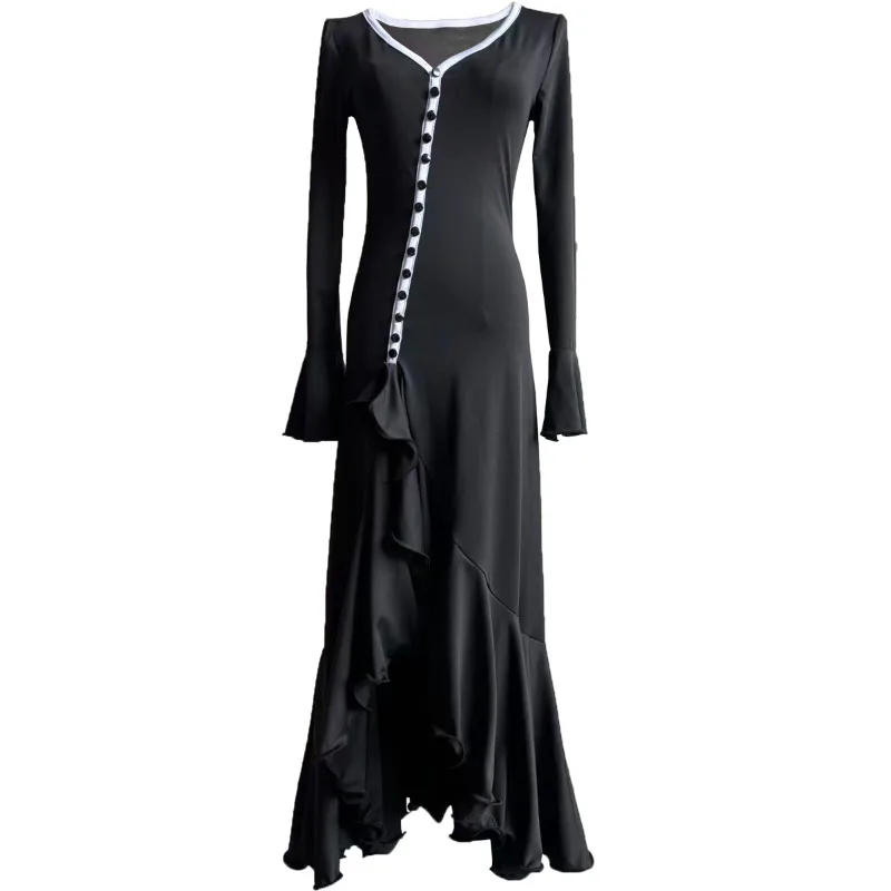 Fashion New Women's Long-sleeved V-neck Sexy Split Dress Elegant Button Cardigan Flared Sleeve Ruffle Edge Evening Dress