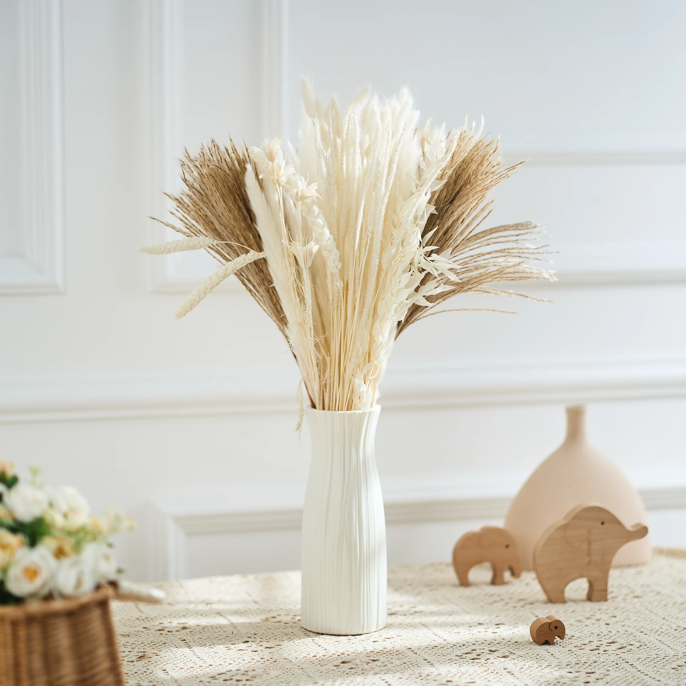 

100PCS Natural Fluffy Pampas Grass Phragmites Rabbit tail Grass Dried Flowers Bouquets Boho Style Home Office Wedding Arch Decor