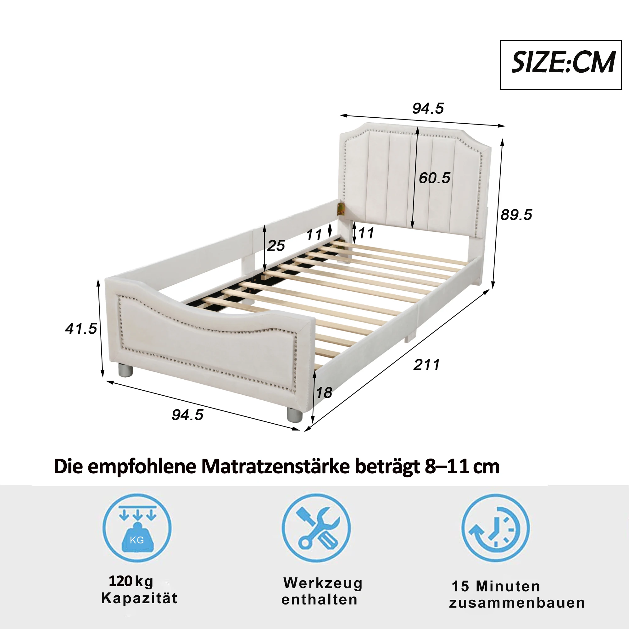 KOMHTOM Kinderpolsterbett Schlafsofa Bettgestell 90x200 cm aus Flanell Multifunktionales Weichbett mit Rückenlehne und Armlehne – Detail 11