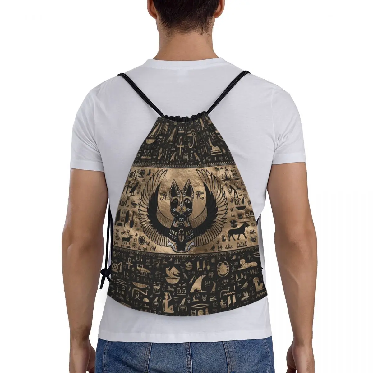 Custom Egyptian Cat Goddess Bastet Drawstring Bags Women Men Lightweight Ancient Egypt Hieroglyphs Sports Gym Storage Backpack 5