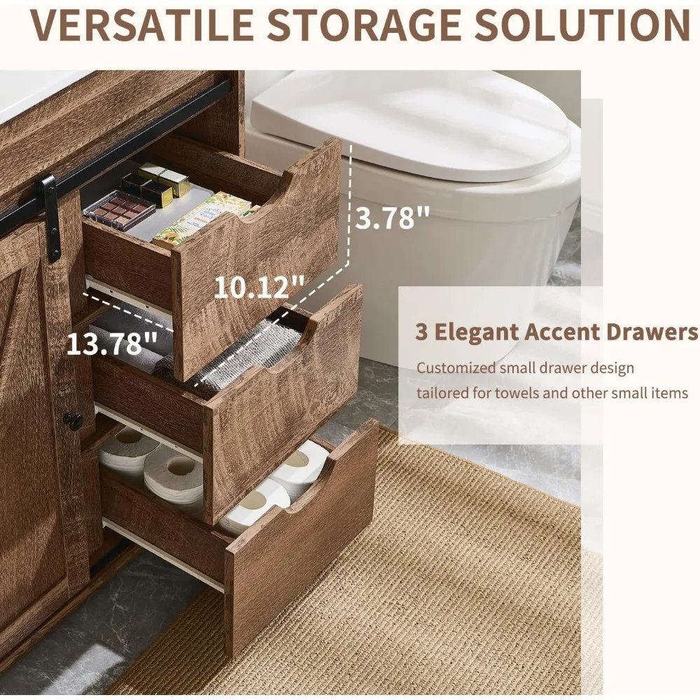 30" Farmhouse Bathroom Vanity Sink, Bathroom Vanity w/Sliding Barn Door,Modern Bathroom Cabinet w/3 Drawers & Adjustable Shelves 4