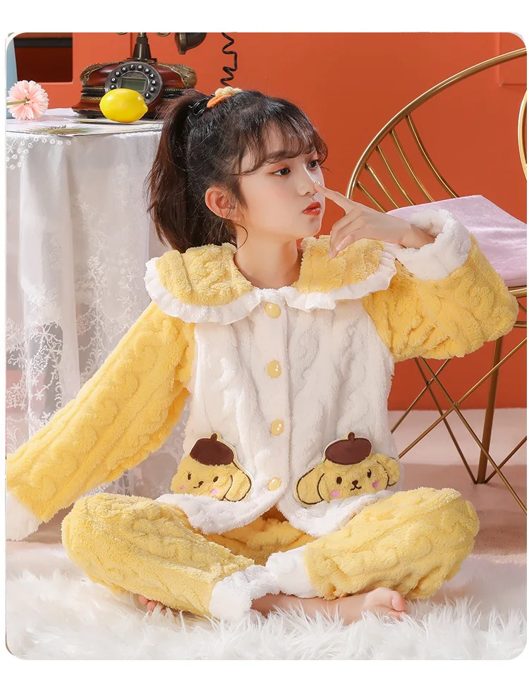 Sanrio Pajamas Kuromi Plush Girls Melody Cinnamoroll Coral Velvet Cardigan Princess Style
