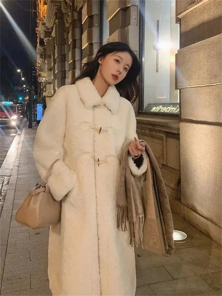 Lambwool Winter Faux Fur Coats Warm Thicken Mid-length Jackets Korean Vintage Horn Button Jaqueta Women Luxury Furry Overcoats