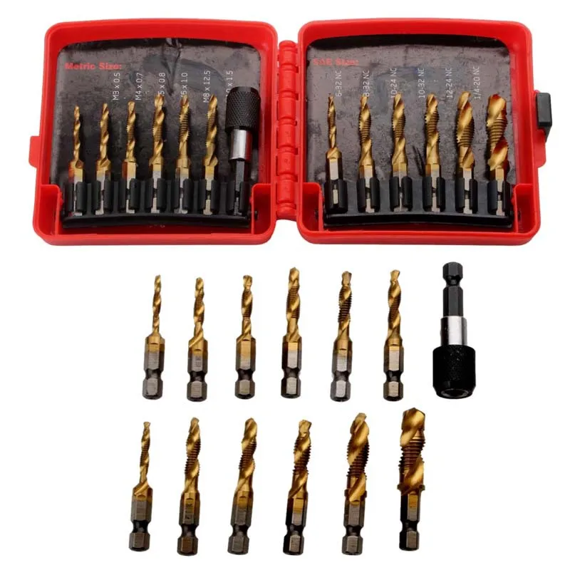 

13 piece hexagonal handle composite tap drill combination set