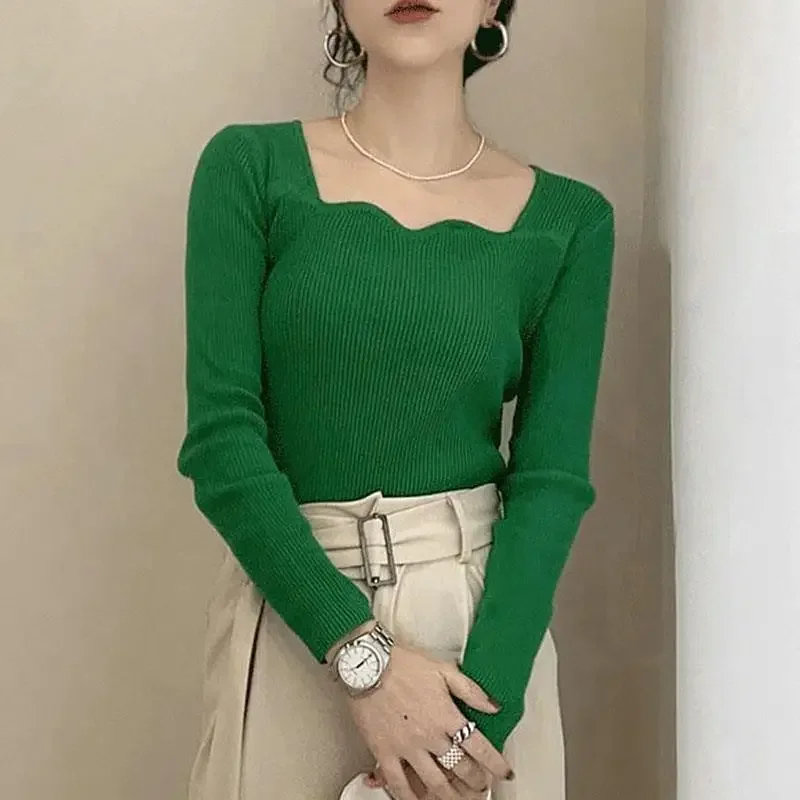 

Knitted Pullovers Women Vintage Solid Sweaters Autumn Winter Korean Elegant Slim Knitwear Square Collar All Match Jumpers New