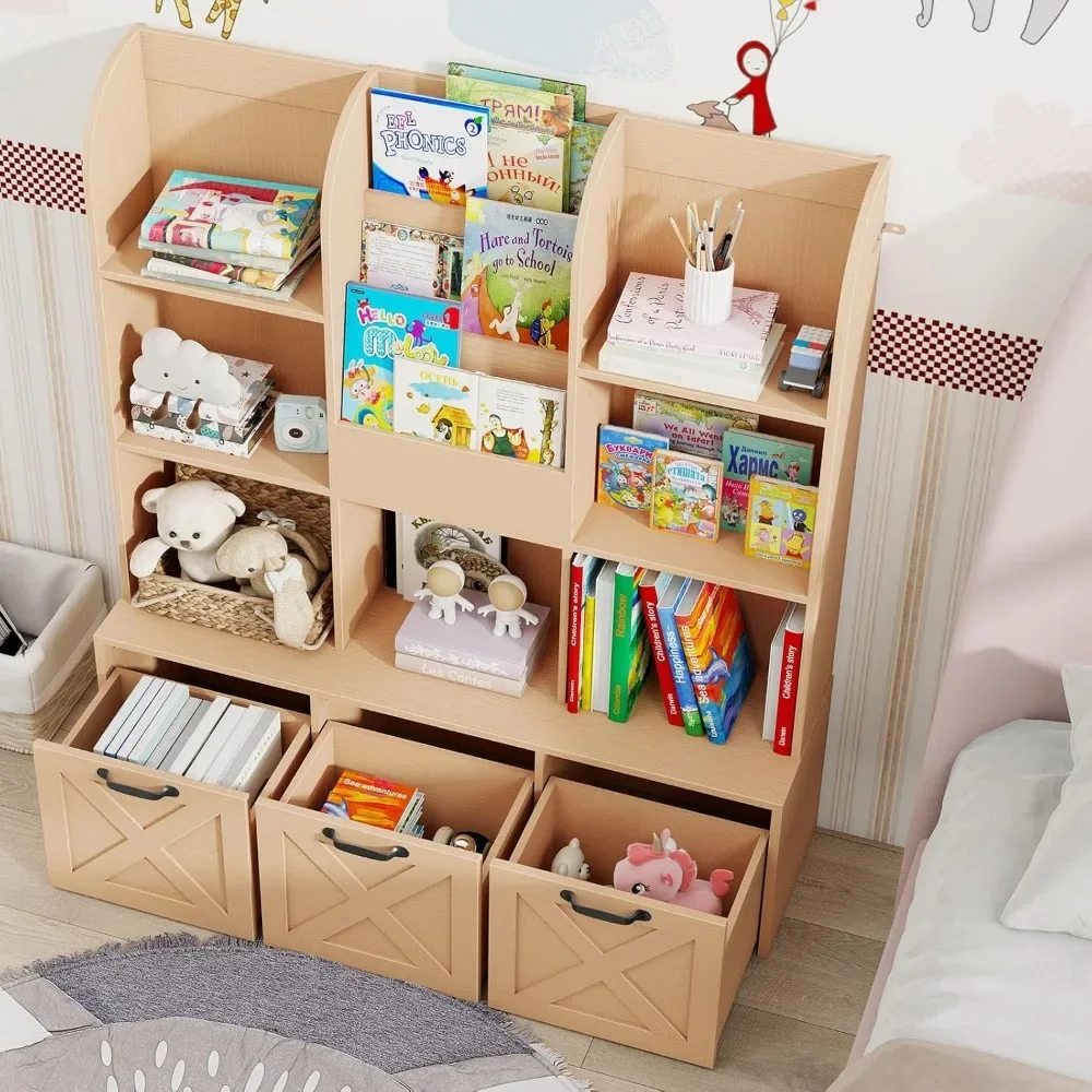 Children's Book Storage Rack, 3-Layer Kids Bookcase with 7 Storage Cabinets, Drawers Toy Cabinet, Children's Book Display Rack 3