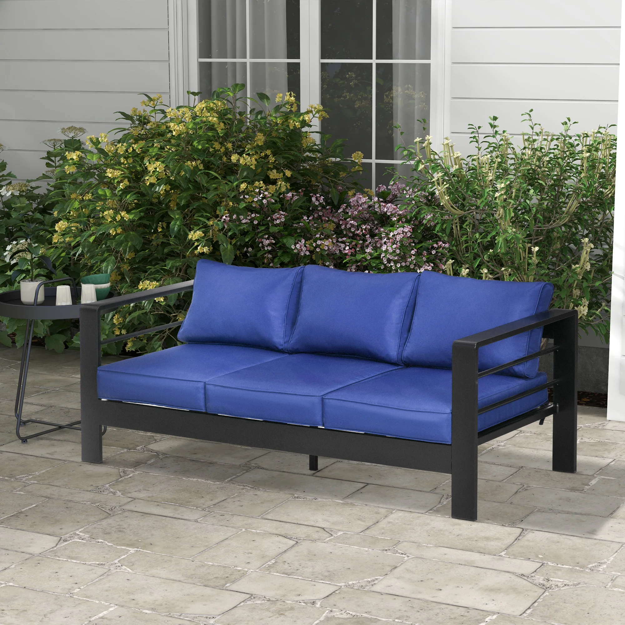Outsunny Patio Furniture with Cushions, Aluminum Outdoor Sofa, Navy Blue 2