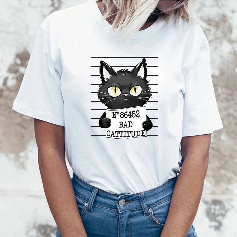 

Bad Cattitude Cat T-Shirts For Women Summer Tee Shirt Femme Casual Short Sleeve Round Neck Tops T-Shirts