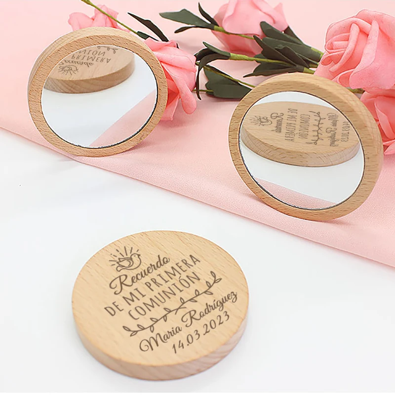 

10pcs Personalized First Holy Communion Favors Custom Engraved Wood Pocket Makeup Mirror Religious First Communion Souvenir Gift