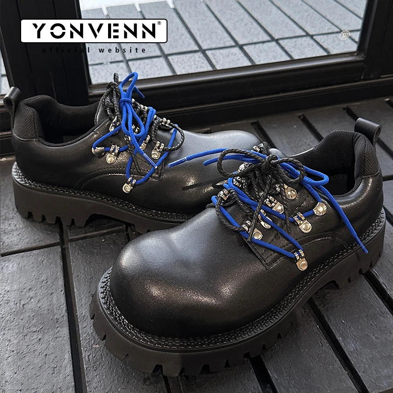 YONWENN Original Work Leather Shoes for Men's Fashion Double Lace Design Official Website Color blocked Big Head Formal Shoes