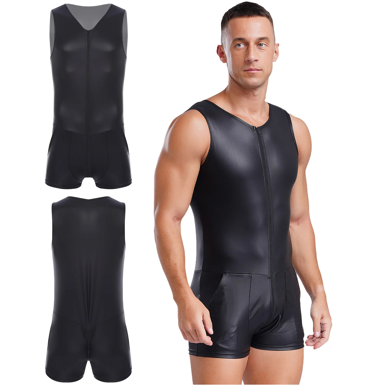 Mens Sexy Faux Leather Rompers Bodysuit Sleeveless 3-end Zipper Leotard Jumpsuit Tempting Clubwear Nightwear Beach Swimming Suit men bodysuits men jumpsuits men lingerie