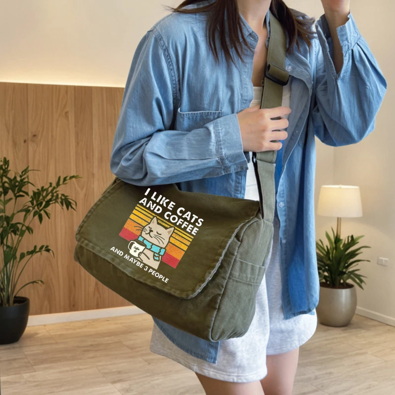 Vintage Women's Bag Large Capacity Shoulder Bag With Playful Cat Print Messenger Bag Multiple Pockets Flap Bag Unisex Travel