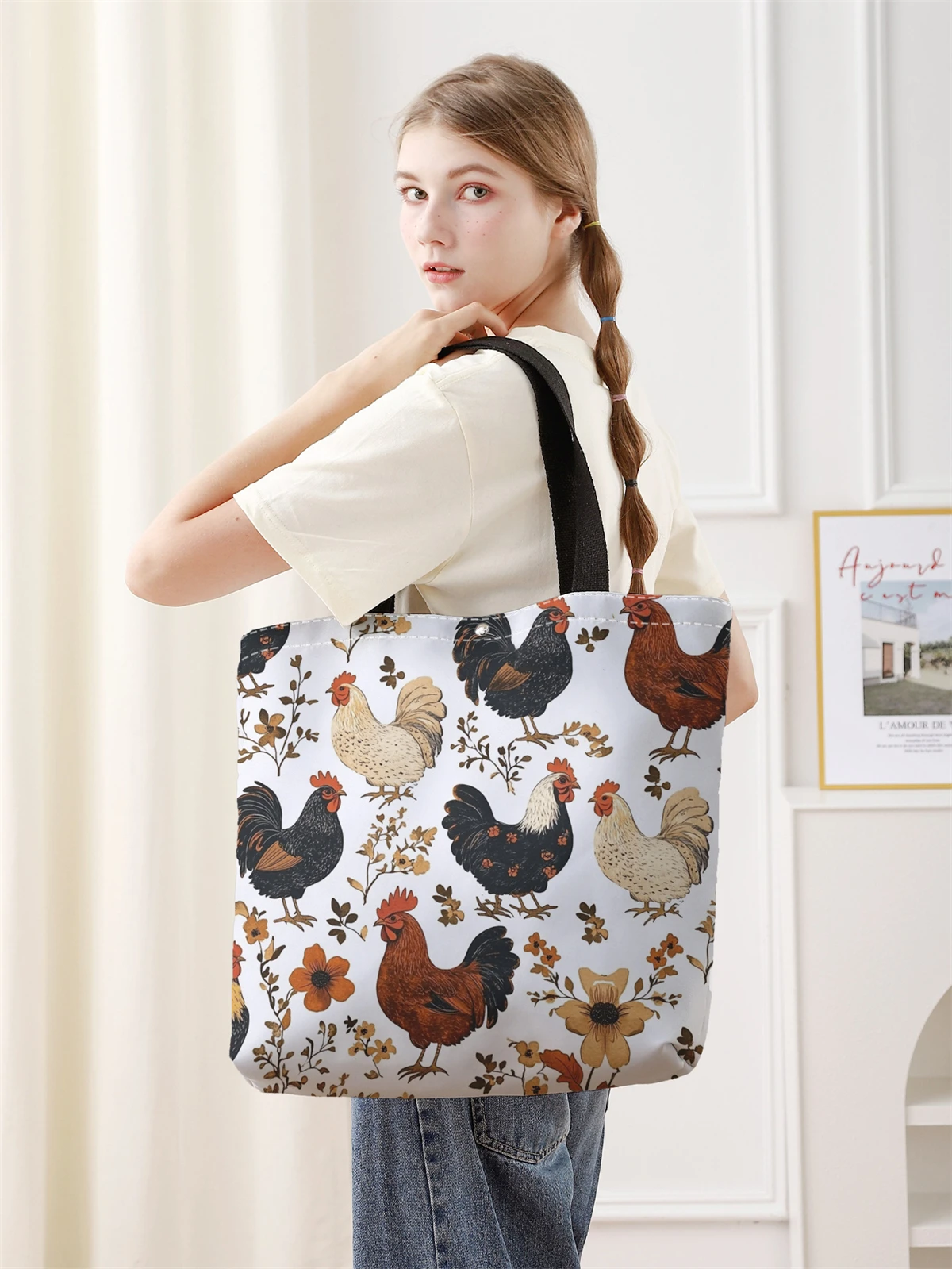 1pc， Rooster pattern handbag, reusable fashionable handbag, multifunctional handbag, printed canvas shopping bag