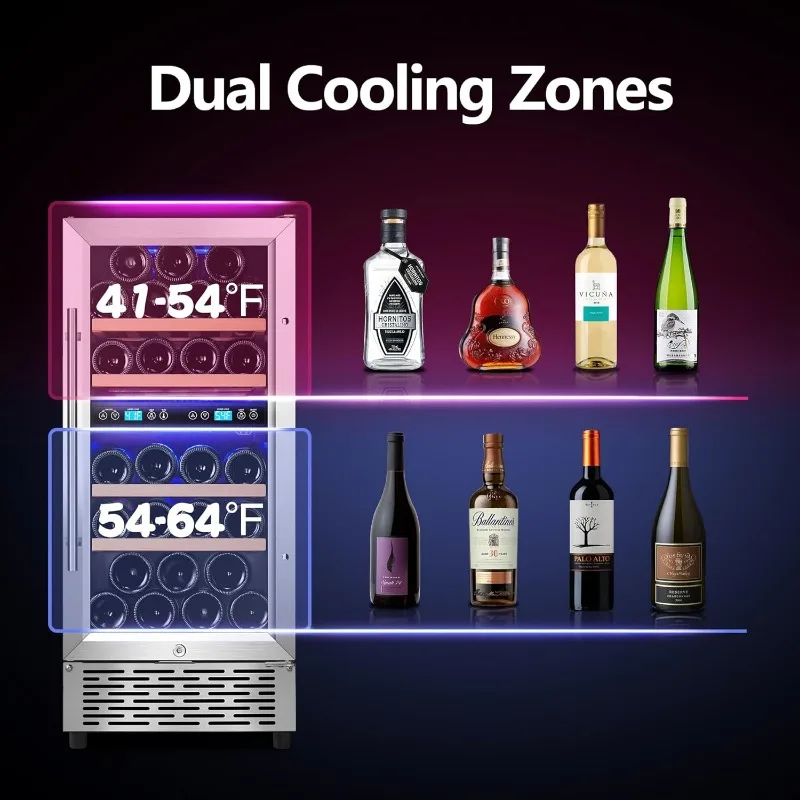 Dual Zone 15 Inch Wine Cooler, 28 Bottle Wine Fridge with Stainless Steel Tempered Glass Door, Fit Red & White Wine,Built-in or 3