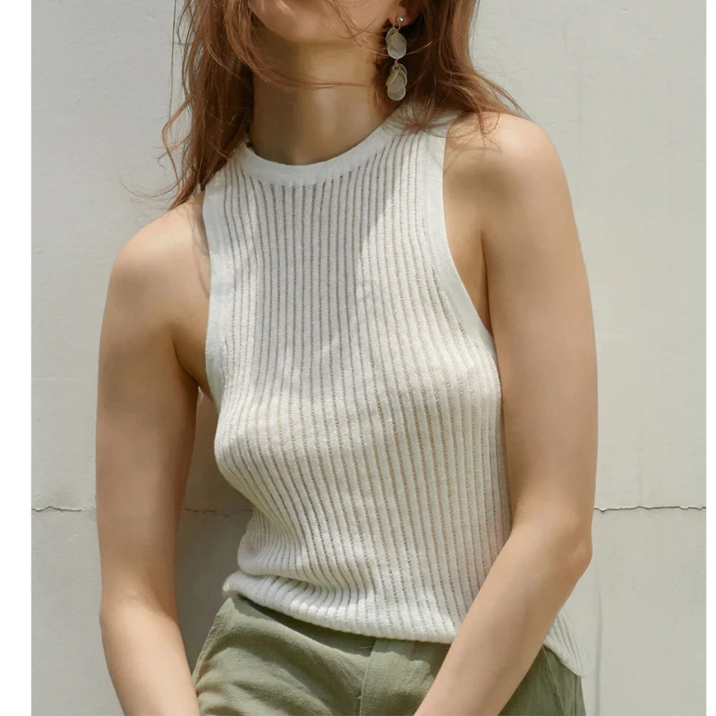 

Striped See Through Tanks White Sleeveless Chic Solid Vest Elegant Hollow Out Women Simple Elastic Tops Y2K Summer 2023