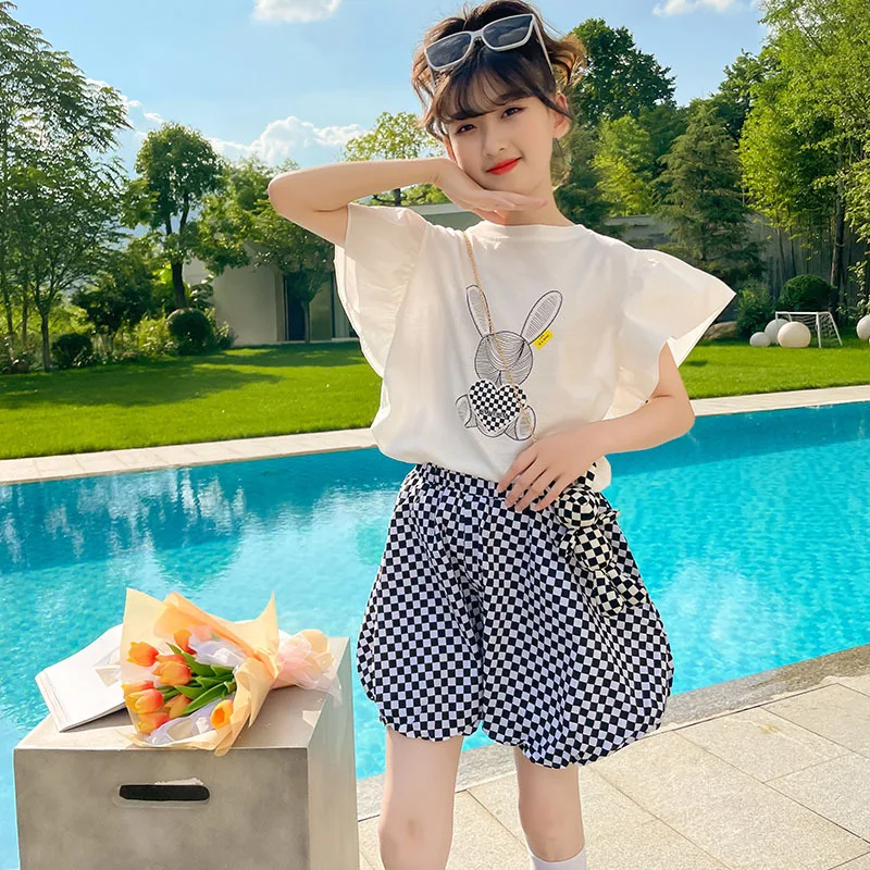 

6 8 10 12 14 Years Summer Clothes Set For Girls Rabbit Shirt+Wide Plaid Shorts 2PCS Sets Teens Girls Clothing Outfits