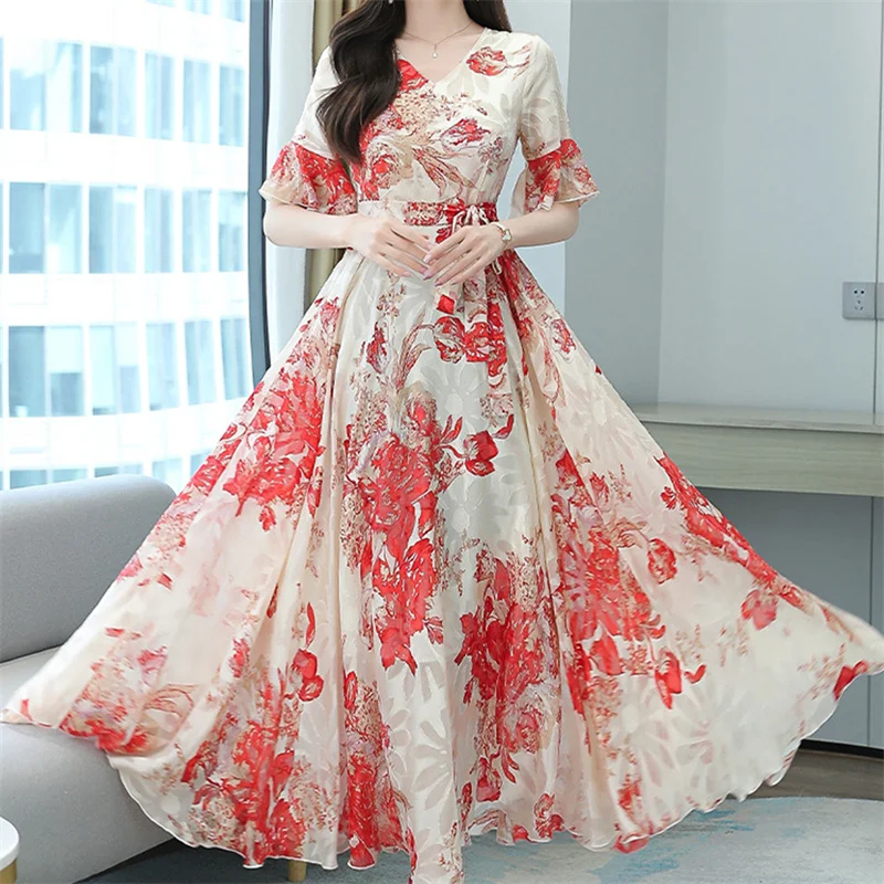 

2022 Elegant Women Plus Size Boho Beach Maxi Dress Floral Chiffon Midi Sundress