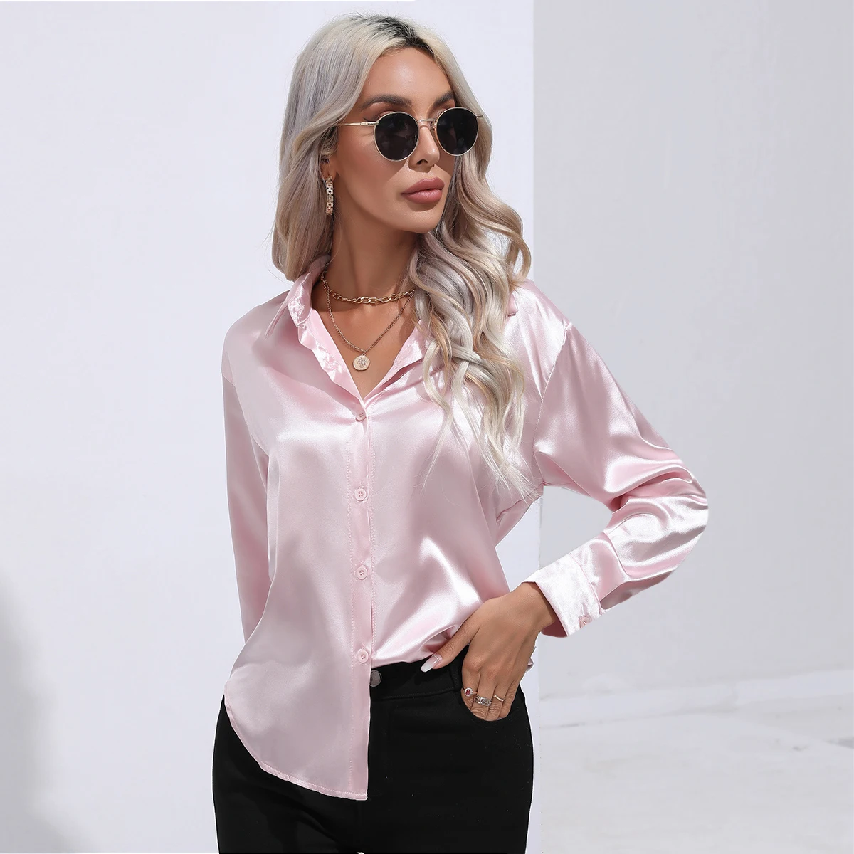

Fashion Satin Shirt Women's Long Sleeve Shirt Spring/Summer New Solid Color Blouse Shirt Casual Streetweat