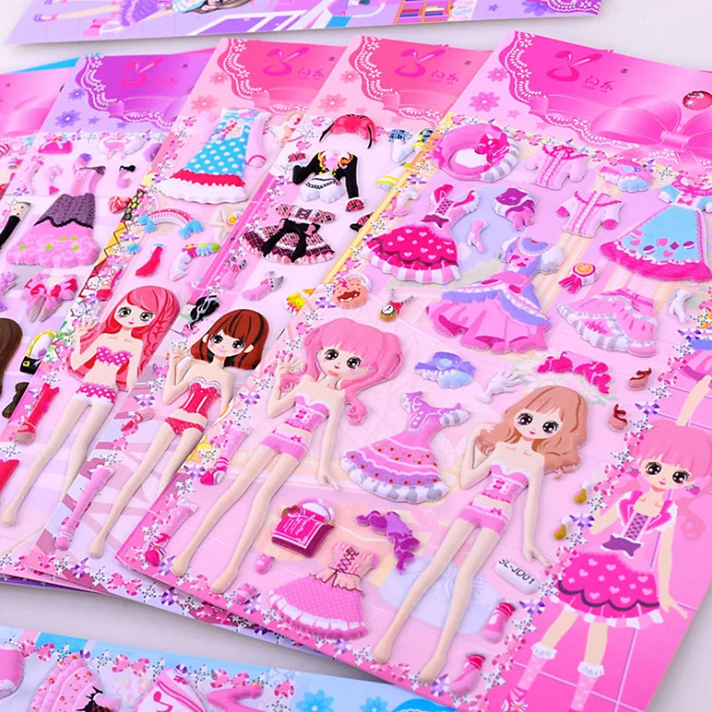 8Sheets Cartoon Dress Up 3D Bubble Stickers Lovely Princess Change Clothes  DIY Kawaii Sticker Toys for Kids Girls Birthday Gifts