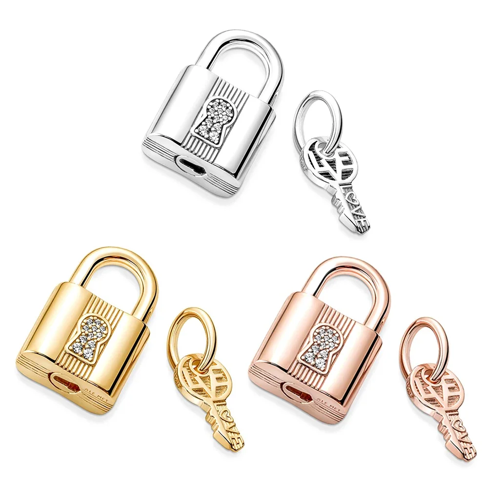 

Sterling Silver Padlock and Key Pendants fit Original Pandora Bracelet DIY Jewelry for Women Birthday Mother's Day Gifts