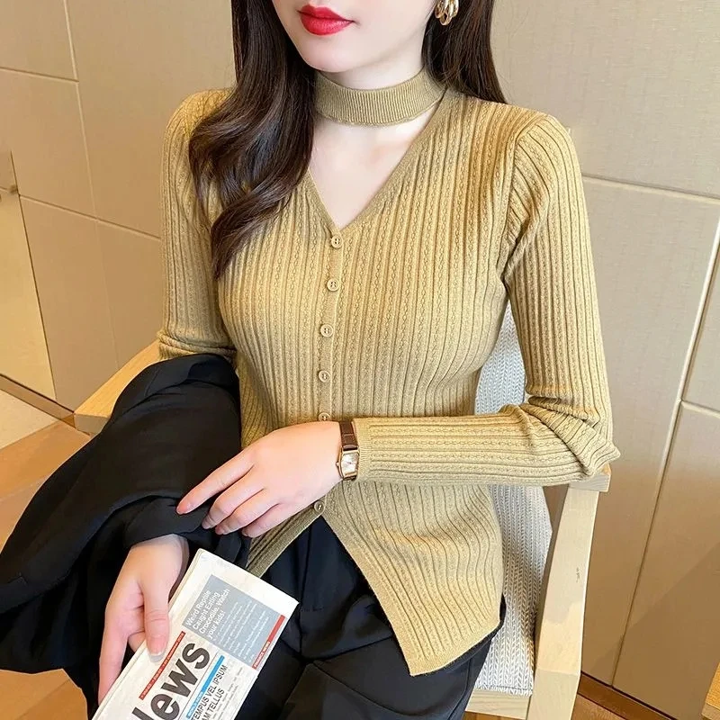 

2024 Wind Spring And Autumn New V-neck Hanging Neck Sweater Women Wear Western-Style Fashion Slim Sexy Bottoming Shirt Sweater