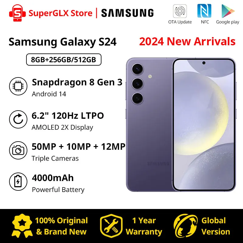 Samsung Galaxy S24 Snapdragon 8 Gen 3 6.2" 120Hz AMOLED 2X Display 50MP Triple Camera Android14 Samsung S24 AI Smartphone 2024