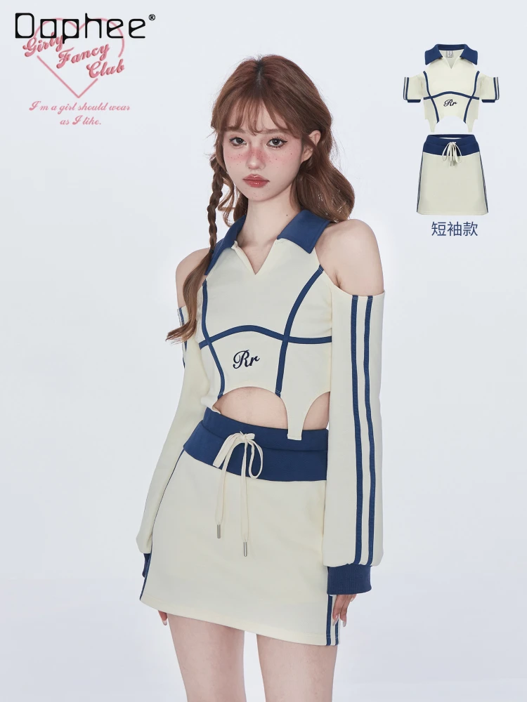 

Hot Girl Sports Style Pearl Cotton Polo Collar Tshirts Top Casual Off-Shoulder Cotton T-shirt and Woman Mid-Length Skirts Set