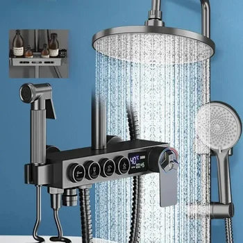 Thermostatic Rain Shower Digital Display Mixer with Bathtub Faucet Smart Shower with Shelf Bathroom Temperature Control 1