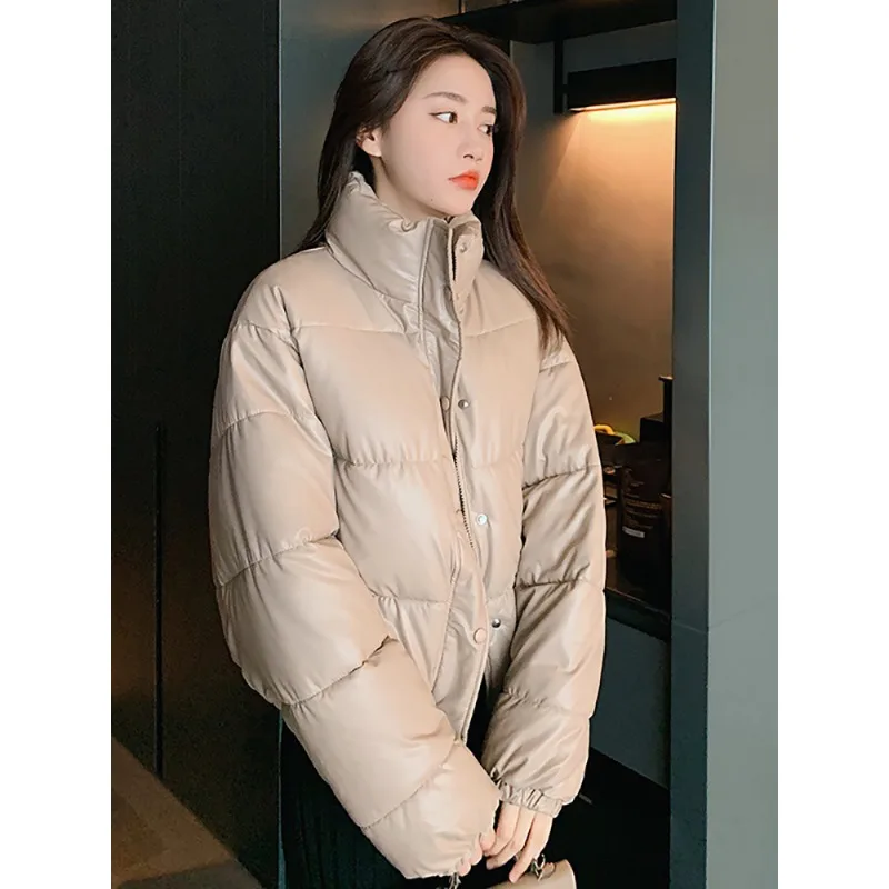 2003 Fashion Black Cotton Padded Lady Down Jacket Winter Warm Thick PU Leather Coats Women Short Parkas Elegant Zipper Clothes