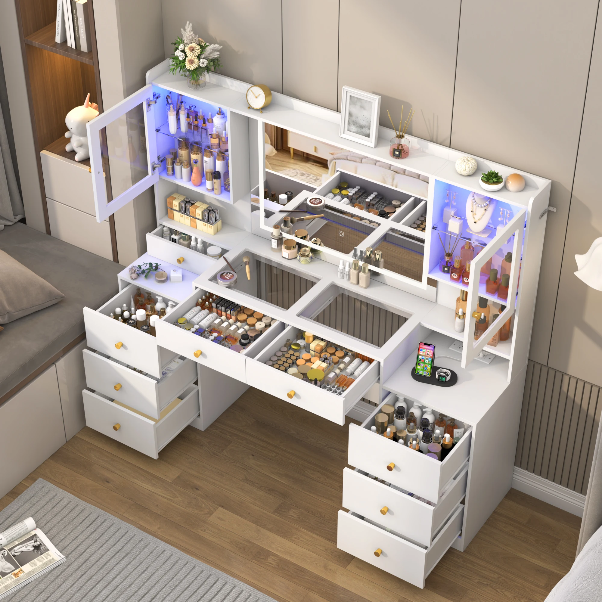 61.7" Large Vanity Desk with Mirror and Lights, Makeup Vanity with Charging Station, Sliding Drawers, 2 Cabinets with Glass Door 3