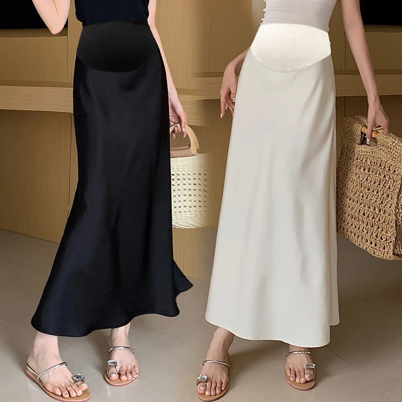 Vintage Silk Feel Smooth Pencil Skirts for Maternity Summer Thin Slim Ruffle A Line Long for Pregnant Women Youth Pregnancy Wear pregnant women skirt