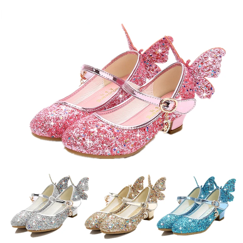 Fashion Girls Party Dance Shoe Princess Butterfly Leather Shoes Kids Diamond Bowknot High Heel Children Girl Dance Glitter Shoes