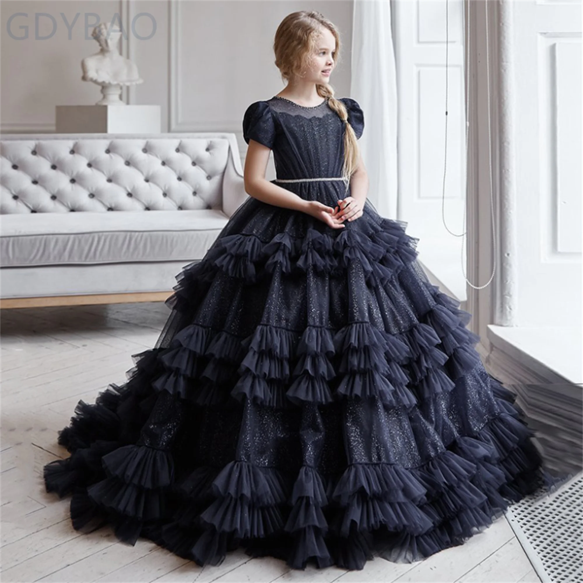 

Black Flower Girls Dresses Kids Formal Wear Birthday Christmas Wedding Party Events Pageant Hand Made Flowers Tulle Sleeveless