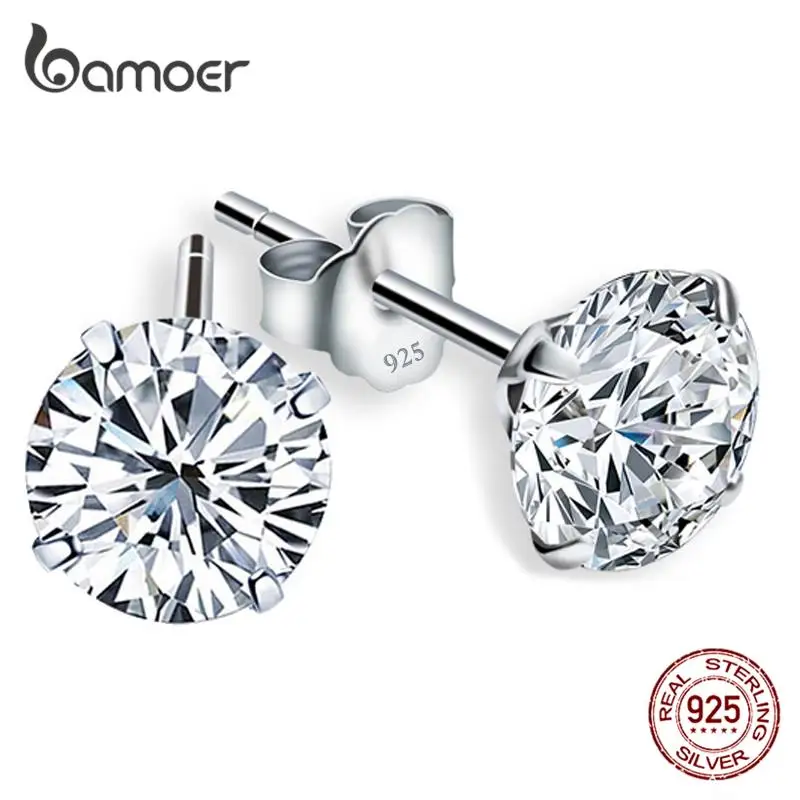 Women Silver Stud Earrings 925 Clear Cubic Zirconia Basic Wedding