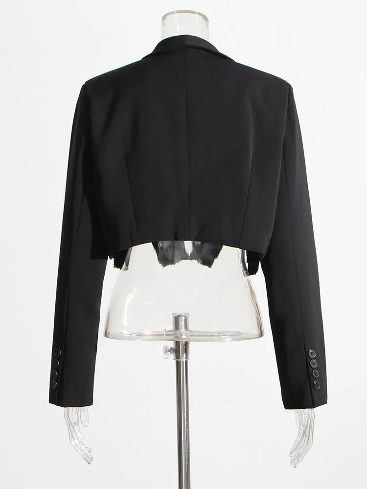 KBQ Temperament Spliced Diamonds Blazer For Women V Neck Long Sleeve Solid Split Straight Cropped Blazers Female Clothing New