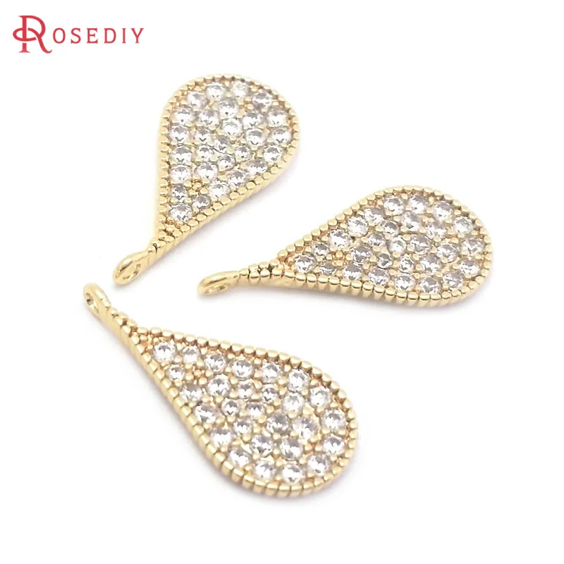 황동 지르콘 드롭 모양 펜던트 하이 퀄리티, DIY 주얼리 제작 목걸이 귀걸이 액세서리, 18K 골드 컬러, 4 개 