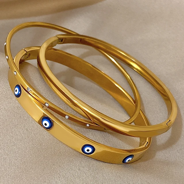 Bracelets plaqués or pour femmes et hommes, 3 pièces, mauvais œil, simples, fins, manchette en acier inoxydable, bijoux cadeaux de fête quotidiens