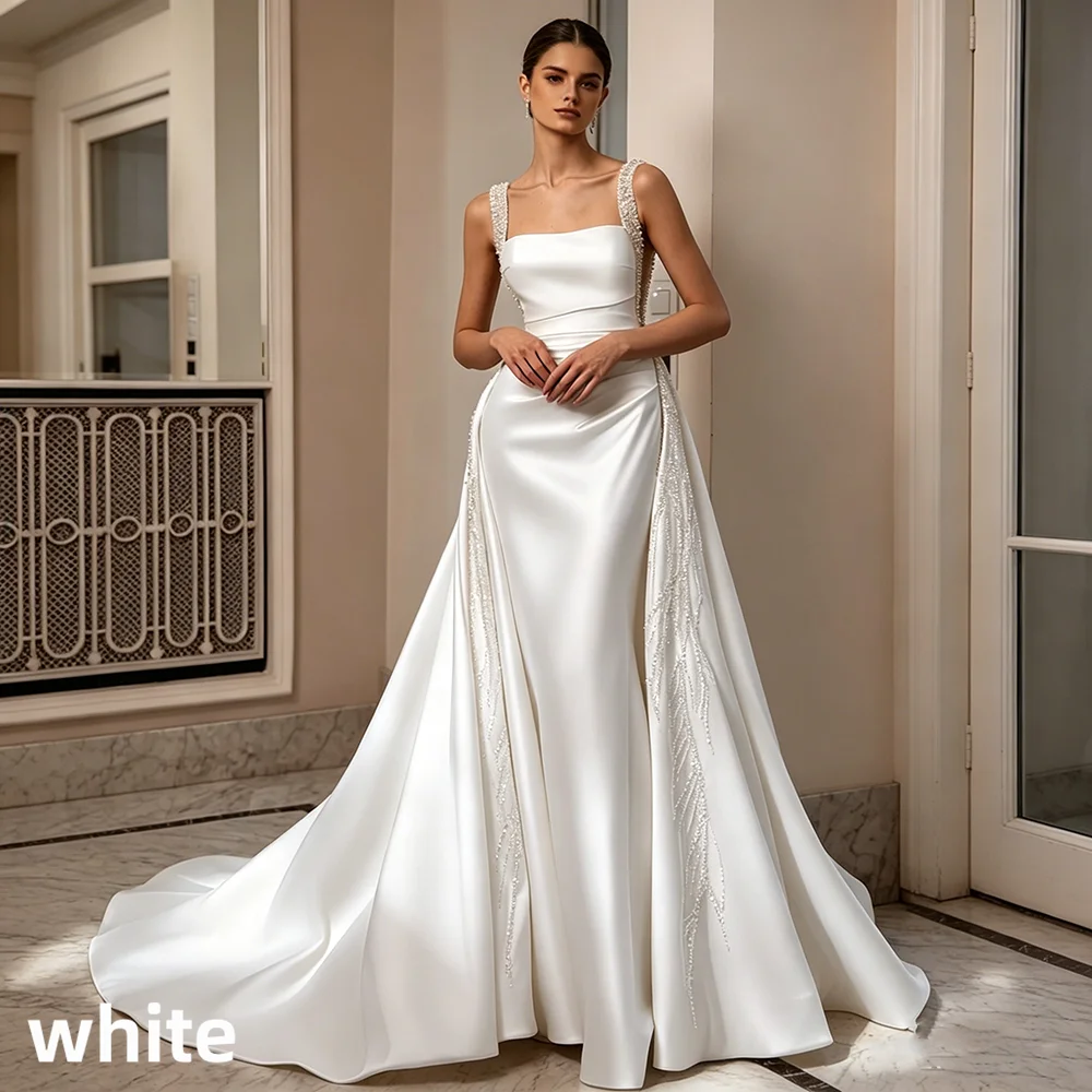 Satin Mermaid Wedding Dress Beaded Strap Square Neck V Back Detachable Overskirt Bridal Gown For Wedding Elopement Shoot 2026
