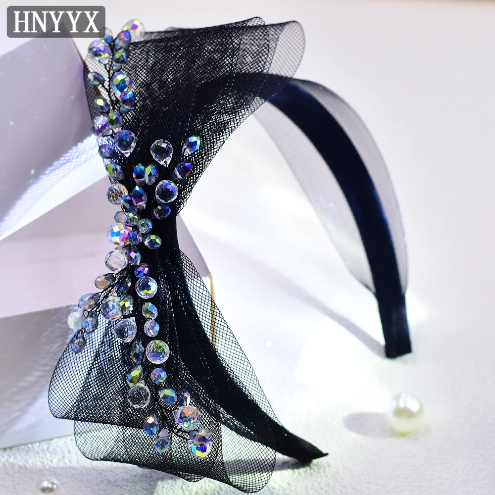 

HNYYX Black Mesh Bow Hair Accessories Crystal Headband Wide Hair Hoop Fashion Headwear for Wedding Party Hair Piece A117
